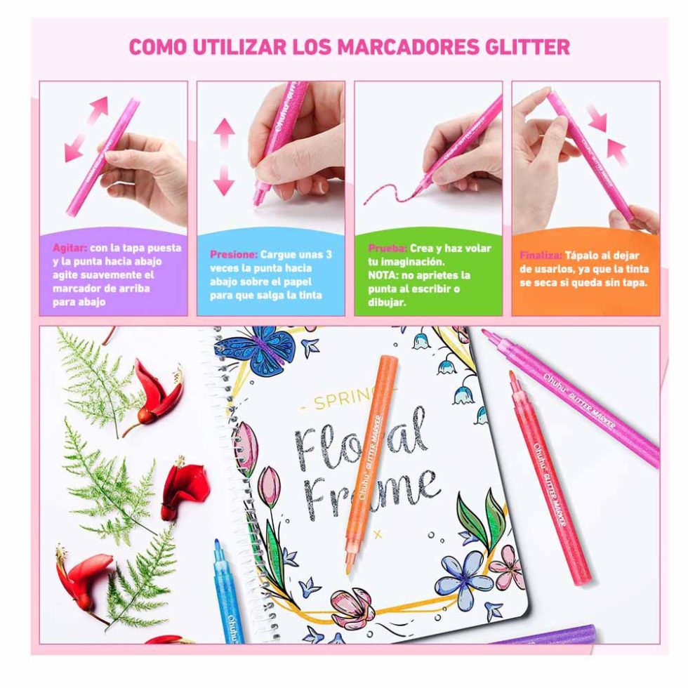 12 Marcadores Glitter Metálicos OHUHU - Imagen 3