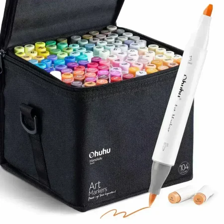 104 Marcadores de Alcohol + 1 Blender Tonos Medios OHUHU Doble Punta P&B