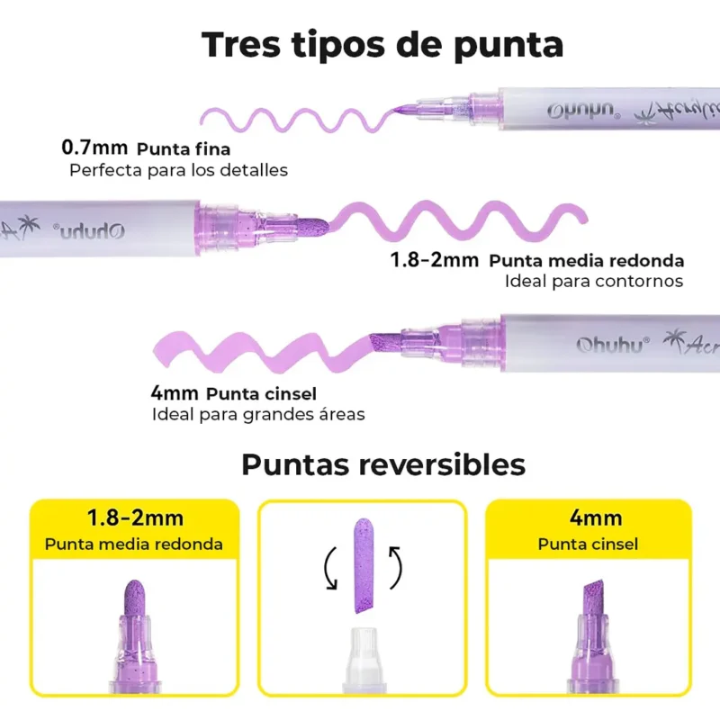 48 Marcadores Acrílicos OHUHU 24 Colores Doble Punta Reversible - Imagen 3