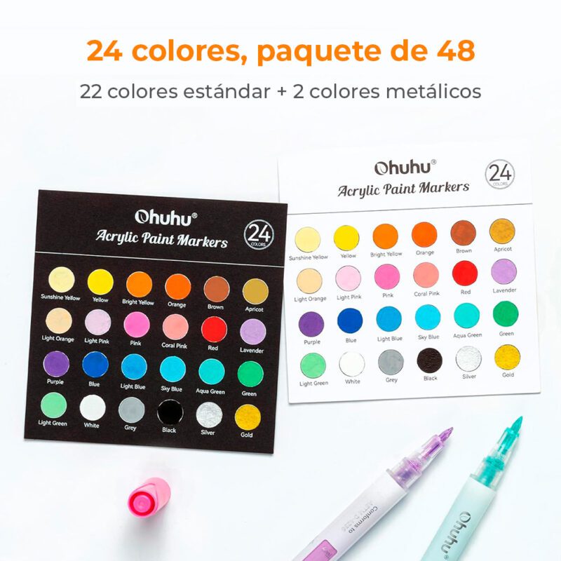 48 Marcadores Acrílicos OHUHU 24 Colores Doble Punta Reversible - Imagen 2