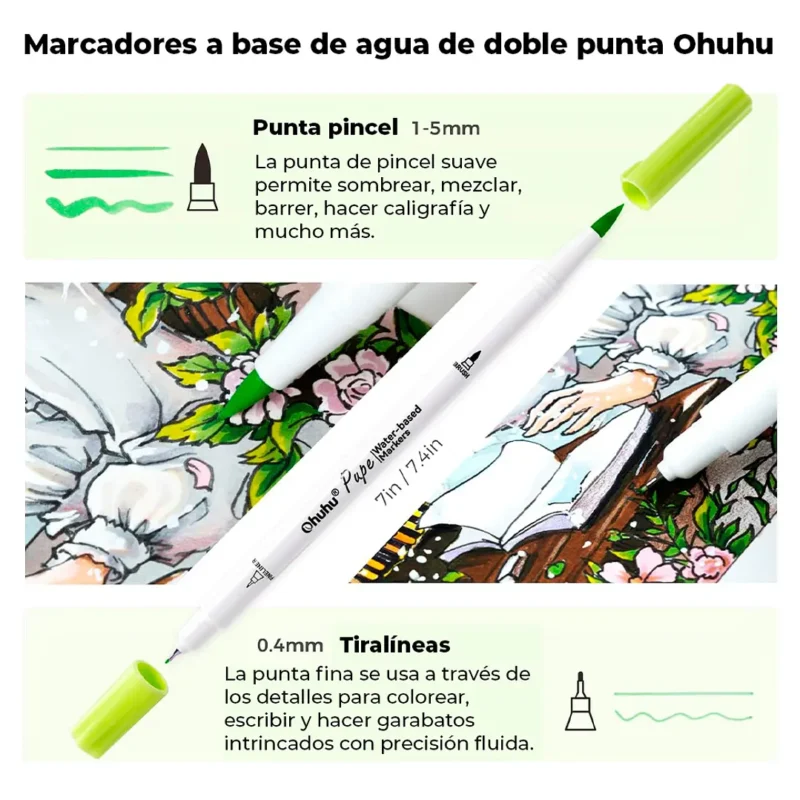 60 Marcadores en Base Agua Paper Friendly OHUHU Doble Punta Pincel&Tiralíneas (PUPE) - Imagen 2